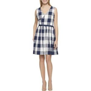 "TOMMY HILFIGER" BLUE & WHITE VINTAGE PLAID PRINT FAUX WRAP DRESS SIZE: 14 NWT